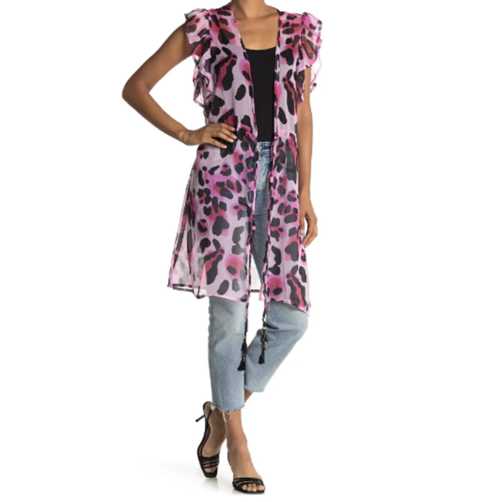 Free Press Print Tie Front Kimono In Pink Combo​​​​​​​​​​​​